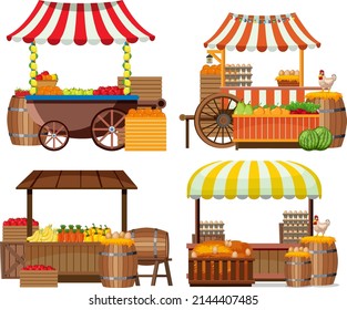 Concepto de mercado de pulgas con un conjunto de diferentes ilustraciones de tiendas