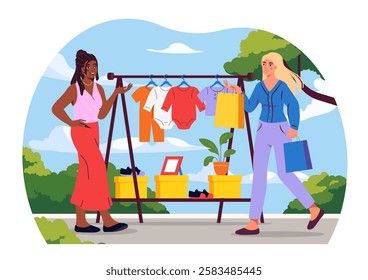 Flea market concept. Woman buys old clothes, photograph and potted plants. Commerce and retail. Garage sale, vintage items. Seller and buyer at bazaar. Flat vector illustration