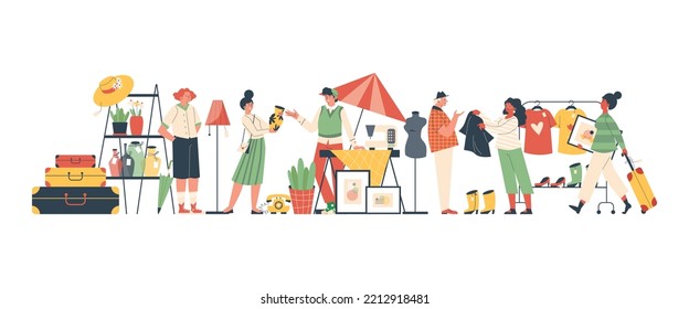 Flea market, customers and sellers characters flat style, vector illustration isolated on white background. Reasonable consumption, clothes, accessories and decorations