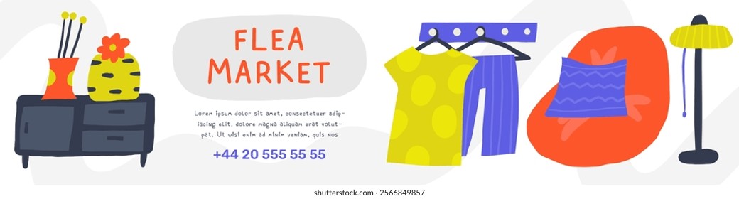 Flea market cute hand drawn doodle composition, banner with text space, chair, ottoman bag, bag chair, lamp, hanger, clothes, vase, bedside table. Modern flat apartment room elements