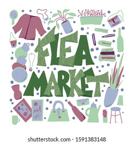 Flea market emblem. Stylized text and hand drawn decoration. Vector illustration.