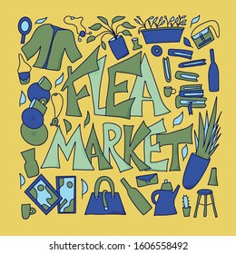 Flea market emblem. Stylized text and hand drawn decoration. Vector illustration.