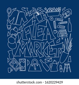 Flea market emblem. Stylized text and hand drawn decoration. Dark poster template. Vector illustration.