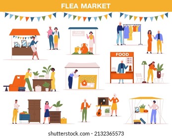 Flea market fair event, street fair, garage bazaar scene. Second hand street store, people sell food, clothing and plants vector illustration. Street sale market with vintage goods for retail trade