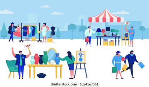 Flea market filled with people out shopping vector illustration. Retro and vintage fashion old clothing sale. Garage sale. Street stalls with second hand things. Flea market shopping.