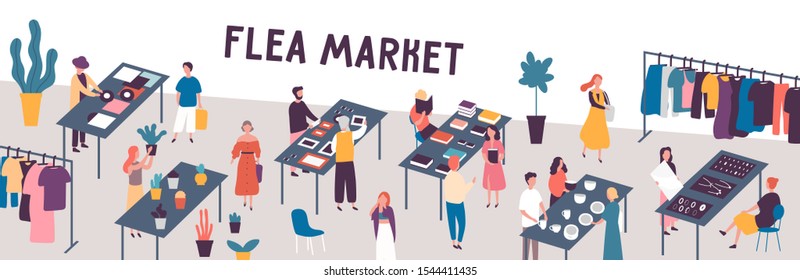 Flea market flat vector illustration. Sellers and customers faceless characters. Rag fair items buying. Swap meet. Cheap goods, junk, purchase, bargain. Bazaar, fashion designers market.