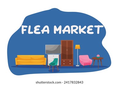 Flea market flat vector illustration. Garage sale. Merchandise and consumerism concept.