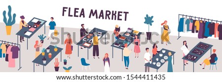 Flea market flat vector illustration. Sellers and customers faceless characters. Rag fair items buying. Swap meet. Cheap goods, junk, purchase, bargain. Bazaar, fashion designers market.