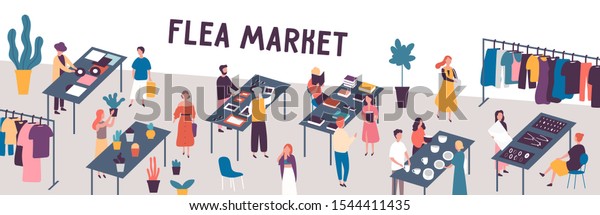 Flea\
market flat vector illustration. Sellers and customers faceless\
characters. Rag fair items buying. Swap meet. Cheap goods, junk,\
purchase, bargain. Bazaar, fashion designers\
market.