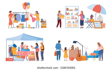 Flea market. Flea-market people sell secondhand clothes and antique furniture, garage sale used items outdoor marketplace, seller shopper fashion bazaar, swanky vector illustration of sale, secondhand