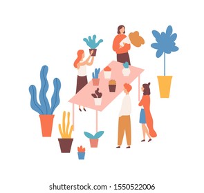 Flea market, flower fair flat vector illustration. Female sellers and buyers cartoon characters. Houseplants market. Plants assortment, greenery, bargain, cheap herbs. Bazaar, trade place.