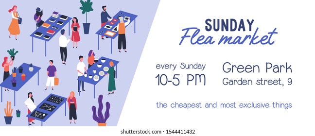 Flea Market Flyer Vector Template. Rag Fair Invitation, Event Announcement. Swap Meet, Junk Bazaar Flat Illustration. Buyers And Sellers Faceless Characters. Leaflet, Banner Design.