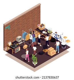 Flea market and garage sale isometric composition with customers buying retro goods vector illustration