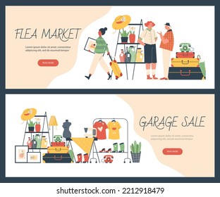 Flea market and garage sale web banners set, flat vector illustration. People buying and selling second hand clothes and home decor. Stalls with plants, vases and paintings.