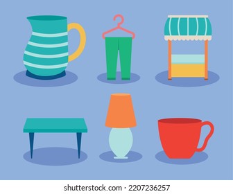 Flea Market Icon Set On Blue Background