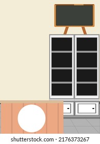 Flea market interior. Indoor bazaar with seller offers, old items, furniture, books to buy. Cartoon vector illustration.