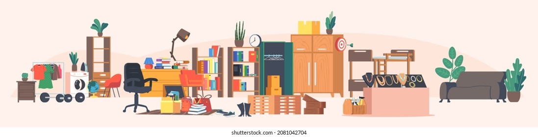 Flea Market Interior, Place for Shopping Unique Antique Things. Garage Sale, Outdoor or Indoor Retro Bazaar with Seller Offers, Old Stuff, Furniture, Books for Purchase. Cartoon Vector Illustration - Shutterstock ID 2081042704