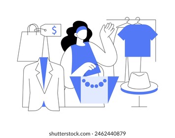 Flea market isolated cartoon vector illustrations. Woman selling goods on flea market, second hand store industry, small business, personal income, cheap clothes and accessories vector cartoon.