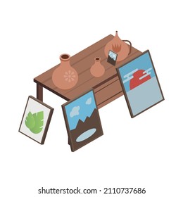 Flea market isometric icon with old vases and paintings on sale 3d vector illustration