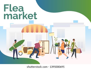 Flea market lettering, people shopping and walking outdoors. Buying, retail, marketplace concept. Presentation slide template. Vector illustration for topics like business, shopping, flea market