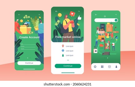 Flea Market Mobile App Page Onboard Screen Template. Characters Visiting Garage Sale for Shopping Unique Antique Things. Outdoor Retro Bazaar Sale Concept. Cartoon People Vector Illustration