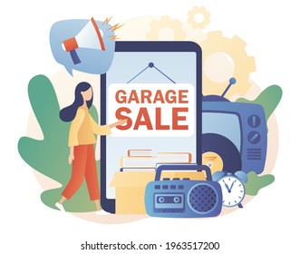 Flea market online. Garage sale - advertisement on smartphone screen. Yard sale. Tiny sellers and customers. Vintage goods or rag fair. Bazaar. Modern flat cartoon style. Vector illustration