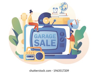 Flea market online. Garage sale - advertisement on laptop screen. Yard sale. Tiny sellers and customers. Vintage goods or rag fair. Bazaar. Modern flat cartoon style. Vector illustration 