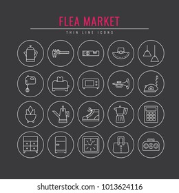 Flea market outline icons. Design elements for 
Websites, Banners, Posters, Signs. Vector line style illustration.
