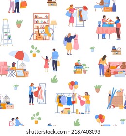 Flea market pattern. Advert selling swap second hands clothing, shopping used goods jewelry books fabric secondhand clothes, fair sale seamless backdrop, vector illustration of business flea market