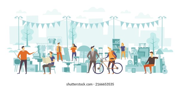 Mercado de pulgas con gente comprando artículos de segunda mano. Feria callejera con vendedores vendiendo muebles vintage, ropa, libros. Niño comprando bicicleta, mujer eligiendo camiseta. Vector de mercado al por menor al aire libre