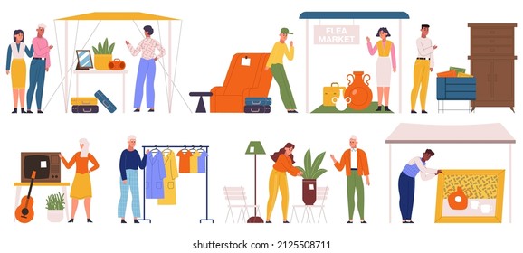 Flea Market, People Sell Clothes And Furniture On Garage Sale. Second Hand Store, Characters Sell Plants And Vintage Goods Vector Illustration Set. Street Garage Sale. Bazaar Outdoor Shopping