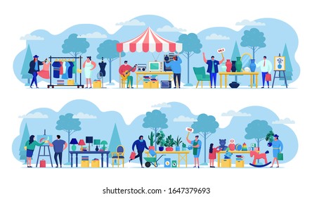 Flea Market With People Selling Old Secondhand Stuffs At Market Fair Shops Flat Vector Illustration. Streets Of Flea Marketplace With Vintage Retro Cloths, Toys And Antique, Garage Sale.