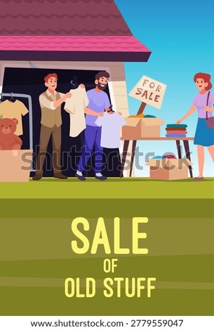 Flea market. people selling second hand stuff. vector concept background