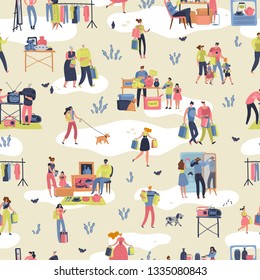 Flea market. People shopping second hand stylish goods clothes swap meet bazaar texture. Fleas market vector retro seamless pattern