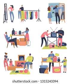 Flea market. People shopping selling second hand retro goods clothes swap meet bazaar. Fleas market vector set