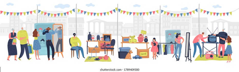 Flea market. People shopping selling retro goods fashionable clothes swap meet bazaar. Cheap garage sale, second hand shop, retail business outdoors. Flat vector cartoon concept