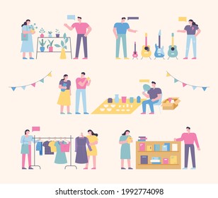 Flea market place. People who sell and people who buy second-hand goods. flat design style minimal vector illustration.