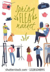 Flea market poster. Fashionable shopping second hand stylish goods clothes swap meet bazaar. Fleas market vector vintage background