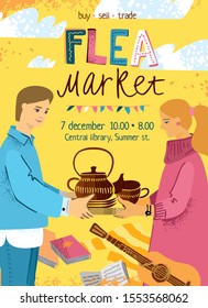 Flea market poster with a man and a woman selling vintage tableware surrounded by things with history. The banner concept is about the reuse of products. Cute cartton vector illustration