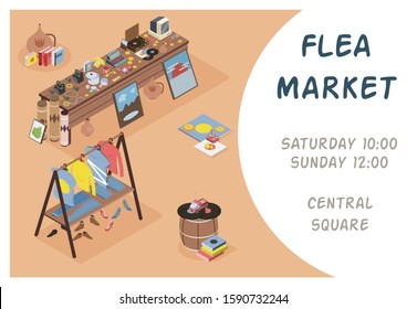 Flea market poster with opening hours and location information isometric vector illustration