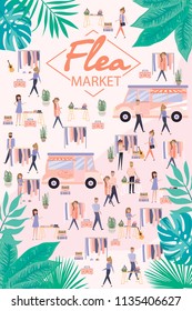 Flea market poster with people selling and shopping at walking street, vintage clothes and accessories shop, cartoon flat design. Editable vector illustration