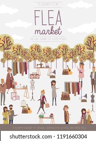 Flea market poster with people selling and shopping at walking street, vintage clothes and accessories shop, cartoon flat design. Editable vector illustration