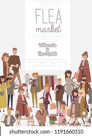 Flea market poster with people selling and shopping at walking street, vintage clothes and accessories shop, cartoon flat design. Editable vector illustration