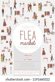 Flea market poster with people selling and shopping at walking street, vintage clothes and accessories shop, cartoon flat design. Editable vector illustration