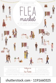 Flea market poster with people selling and shopping at walking street, vintage clothes and accessories shop, cartoon flat design. Editable vector illustration