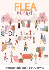 Flea market poster with people selling and shopping at walking street, vintage clothes and accessories shop on Paris background, cartoon flat design. Editable vector illustration