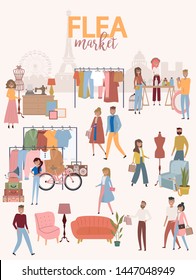 Flea market poster with people selling and shopping at walking street, vintage clothes and accessories shop on Paris background, cartoon flat design. Editable vector illustration