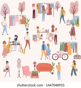 Flea market poster with people selling and shopping at walking street, vintage clothes and accessories shop, cartoon flat design. Editable vector illustration