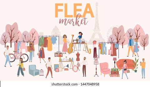 Flea market poster with people selling and shopping at walking street, vintage clothes and accessories shop on Paris background, cartoon flat design. Editable vector illustration