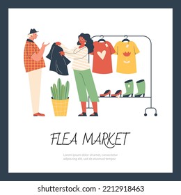 Mercado de pulgas o afiche de pancartas o afiches con personajes de dibujos animados de comprador y vendedor, ilustración vectorial plana. Mercado de pulgas y venta de artículos de segunda mano.